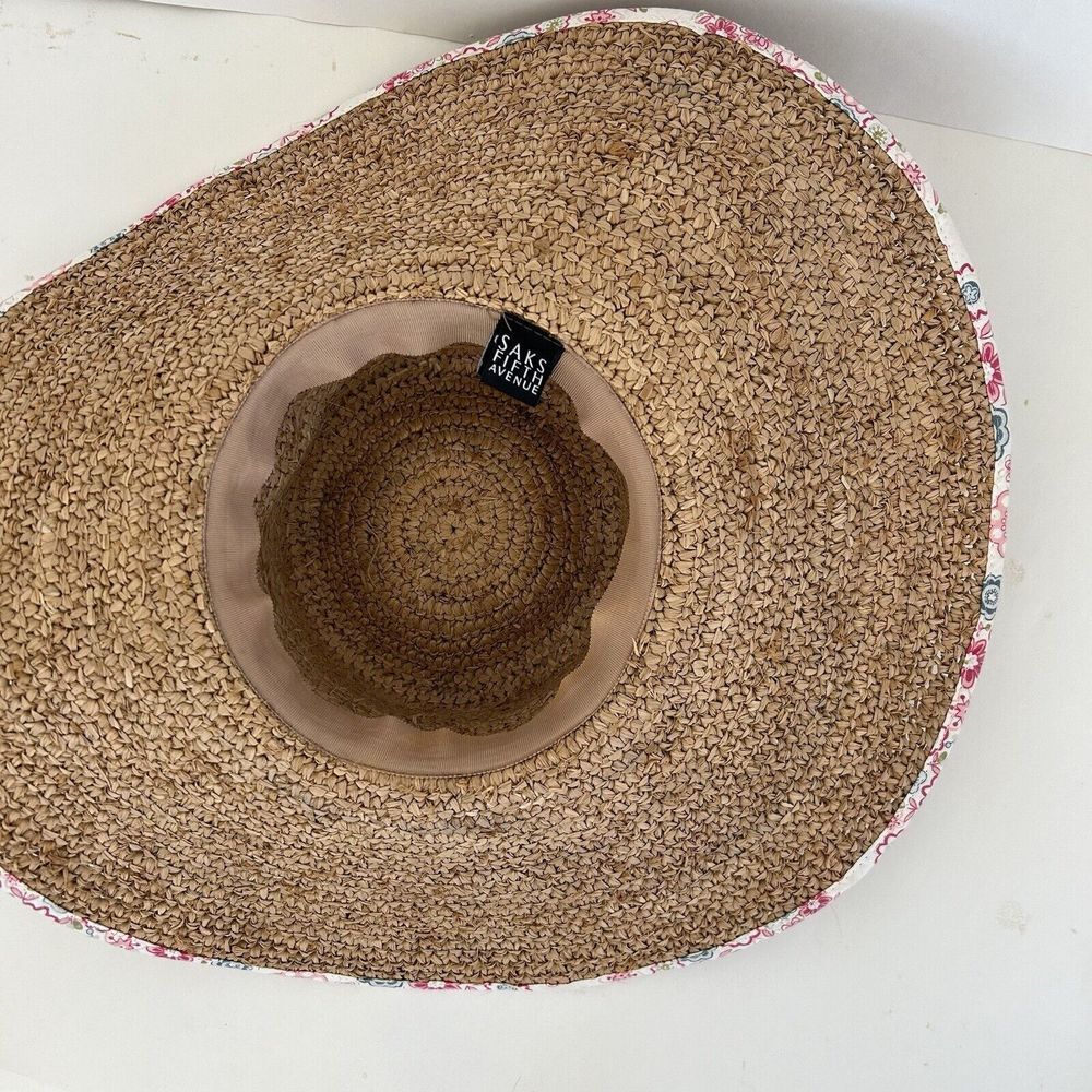 Saks Fifth Avenue Straw Hat Floral Trim Wide Brim Sun Beach Coastal Resort - Picture 2 of 5